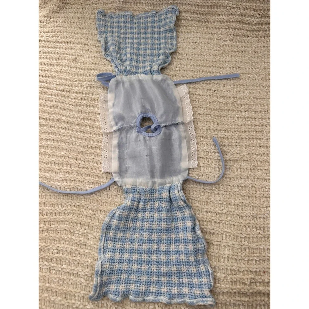 Vintage Doll Dress Blue Gingham Checkered Lace‎ Trim Teddy Bear Clothes Slip On